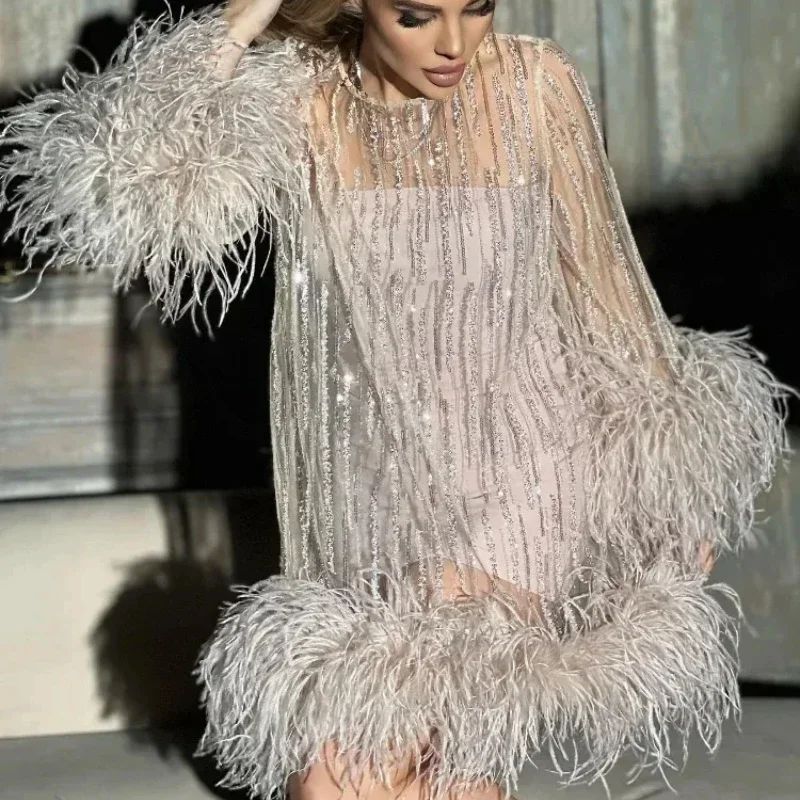 2025 New Mini Dress Pink Party Gown Flare Sleeve Dress Camel Bird Feathers Sequins Lightweight A- line Mini  dress for women