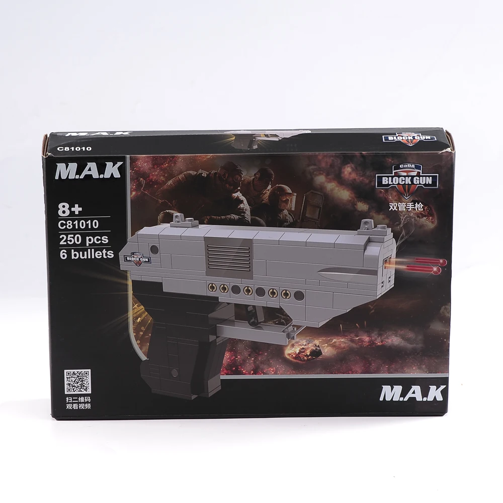 MAK 250 Pcs Double Barreled Pistol Building Block Toy Assembly Puzzle C81010 Model with 6 Bullets For Boys Gift