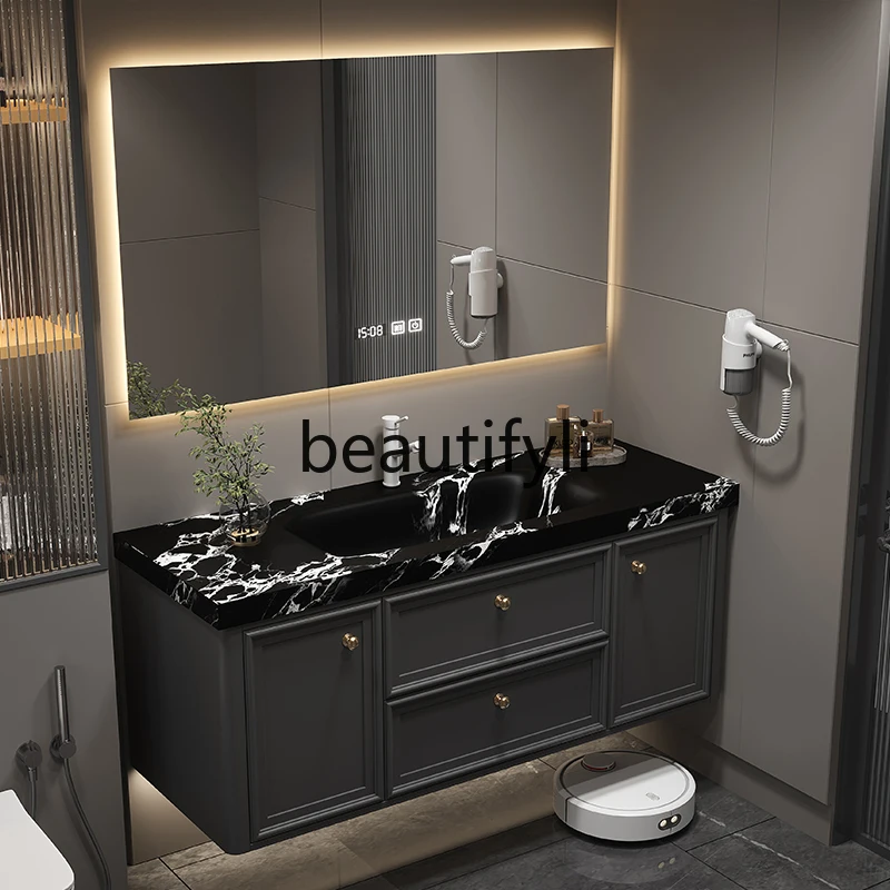 

D80 French smart bathroom cabinet, hot curved rock slab integrated basin, solid wood washbasin, washbasin combined cabinet