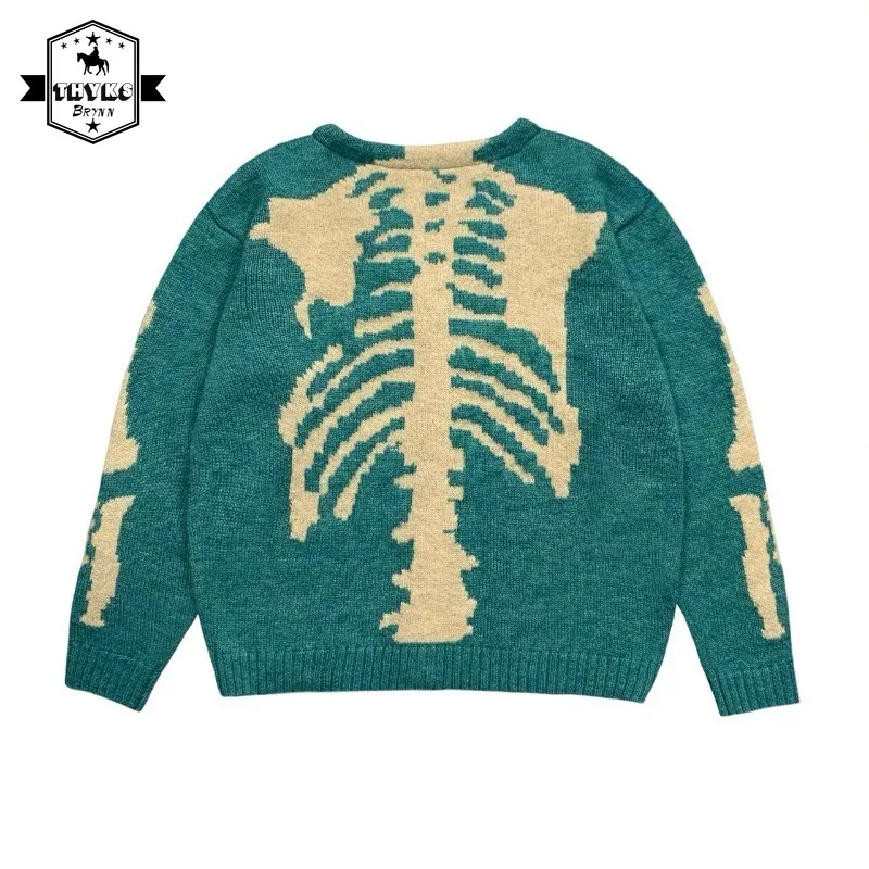 Kapital Vintage Hirata O-Neck Cardigan Men Loose Bone Skeleton Knitted Sweater Men Casual Sweater for Women Wool Pullover Unisex