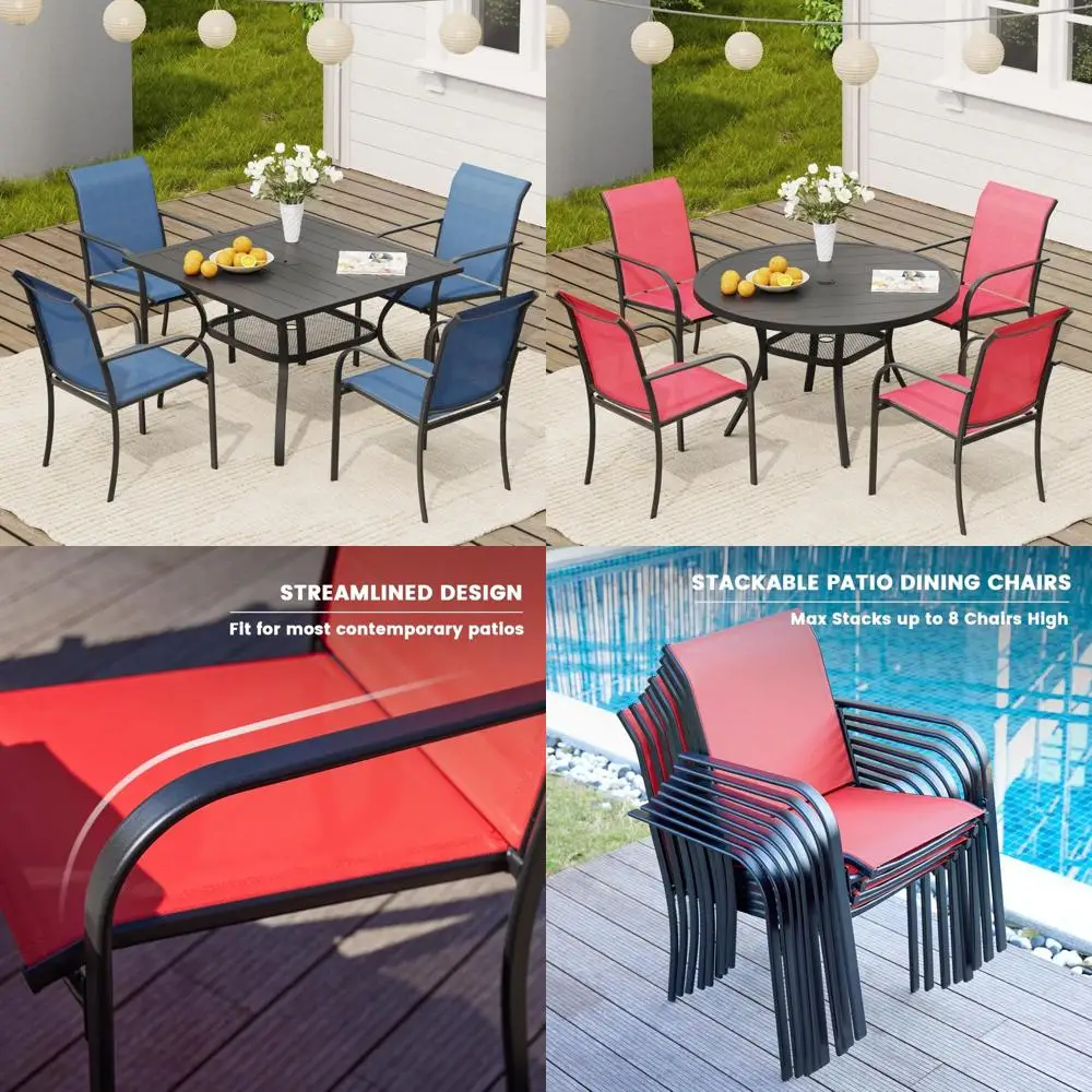 5 pieces patio dining set, patio furniture set of 4 patio stackable dining chairs and outdoor metal square table with storage s