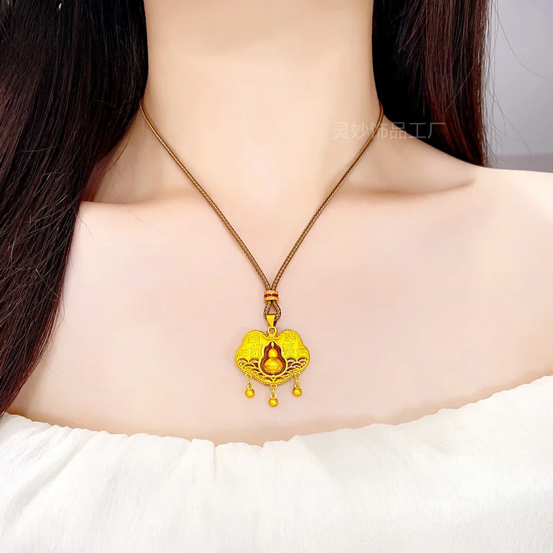 Luxury New Chinese Ancient Style 9999 Gold Hollow Fu Safety Lock Pendant With Rotating Ruyi Bell Women'S Gift