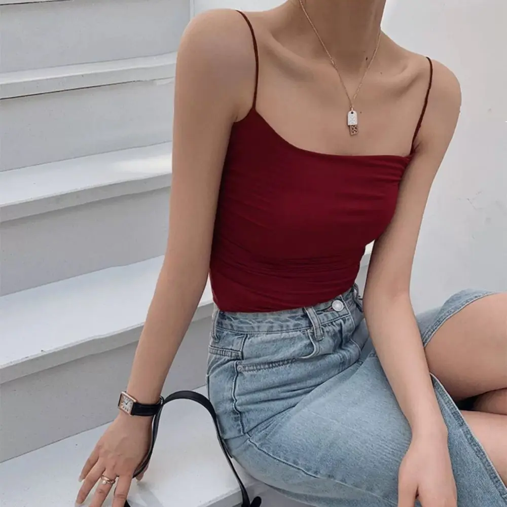 Summer Camis Tank Top Women With Built In Bra Spaghetti Strap Tops Sexys Spice Girl Solid Korean Style Cropped Tops With Straps