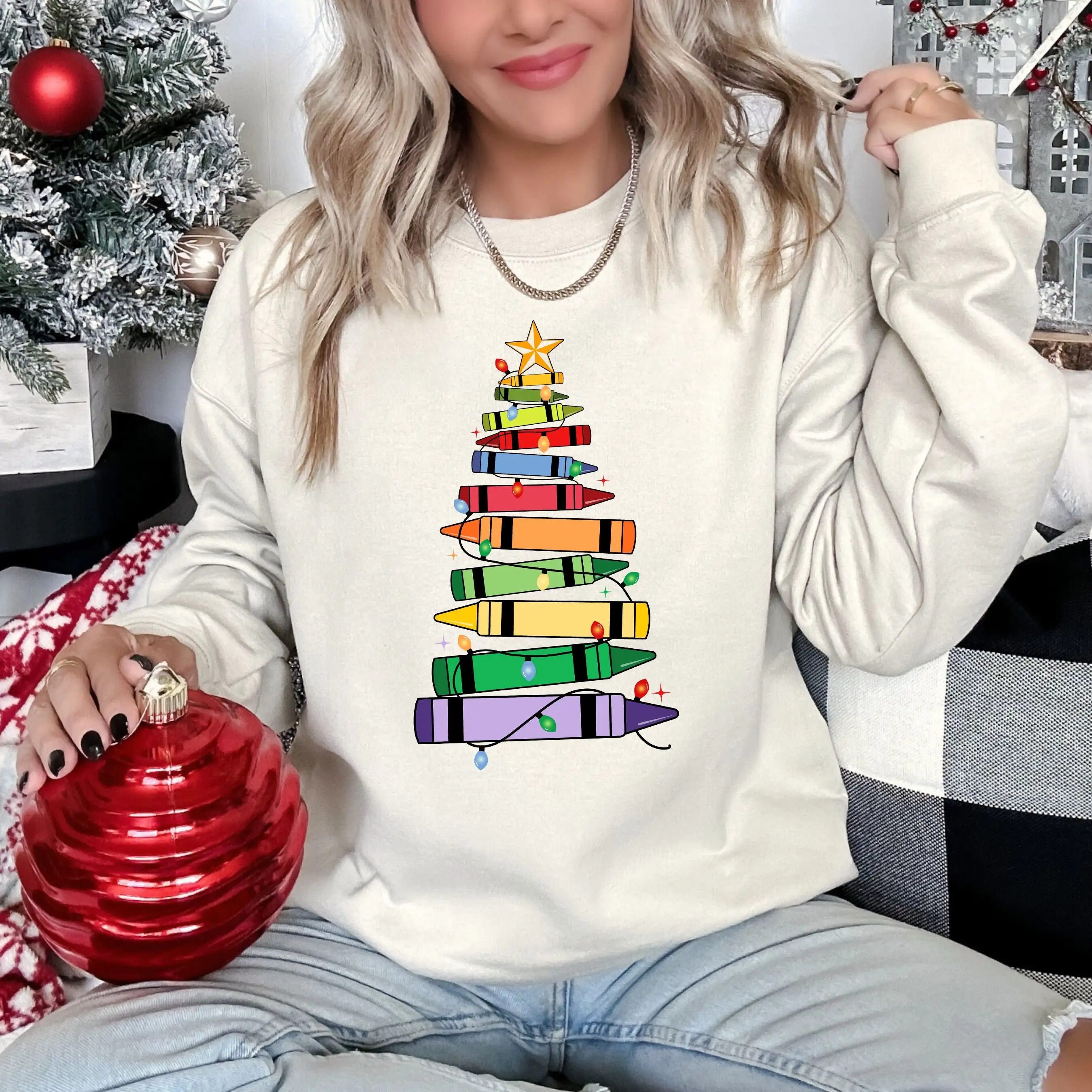 2023 Fashion Innovative Christmas Sweatshirt Paintbrush Shaped Christmas Tree Women Shirt Christmas Teacher Female Sweatshirt