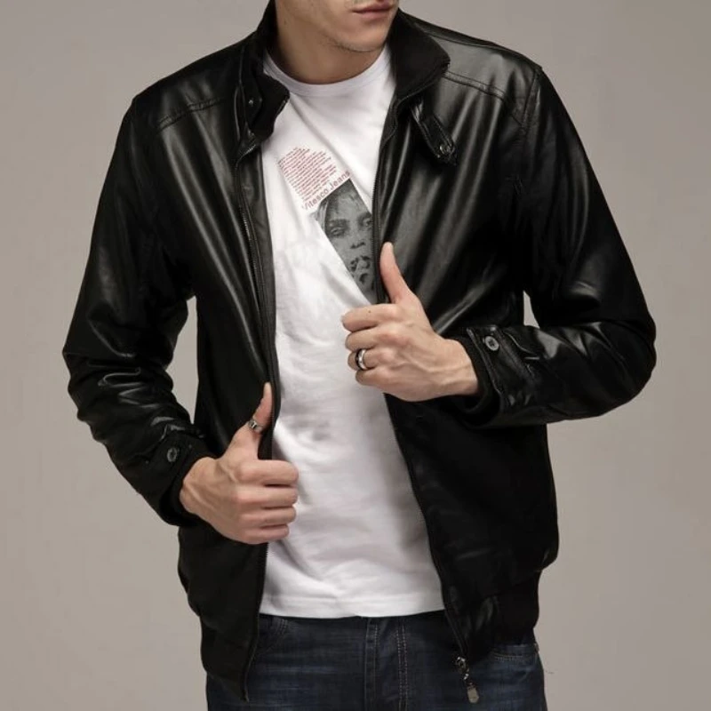 

Slim Fit Men's PU Leather Stand Collar Jacket Business Casual Korean Style Plus Size Middle Aged Spring Autumn Coat​