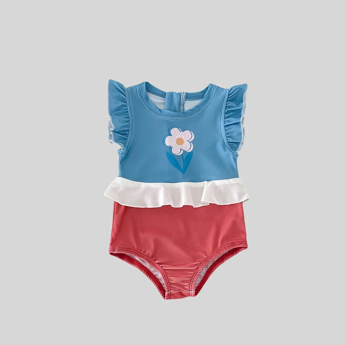 

Summer New Korean Style Girls One Piece Swimsuit Color Block Cute Flower Print Ruffled Quick Dry 100% Polyester Kids Swimwear