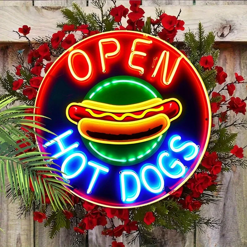 2D Vintage Metal Tin Sign, Open Hot Dogs Retro Wall Decor, Man Cave Bar Restaurant Plaque