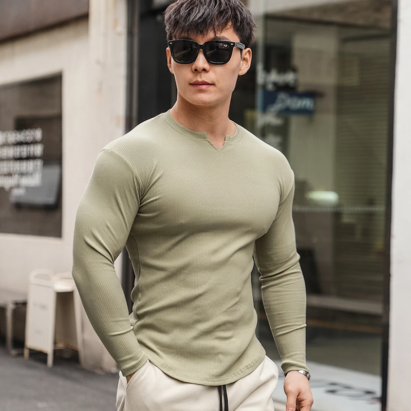 Men's Split O-Neck Long Sleeve T-Shirts Spring Autumn Simple Versatile Tight Pullover Tees Man Ribbed Breathable Sports T-Shirts