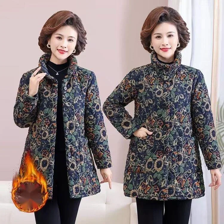 フリース裏地付き厚手冬用暖かい綿ジャケット中高年母親向けの新しいスタイルスタンドカラーフローラルプリントコート