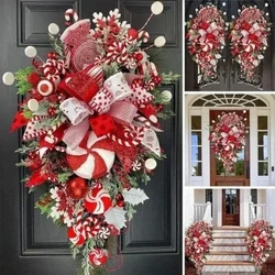 Christmas Candy Cane Swag Door Hanging 50cm Upside Down Tree Pendant Handmade Festival Theme for Wall Door Home Decoration