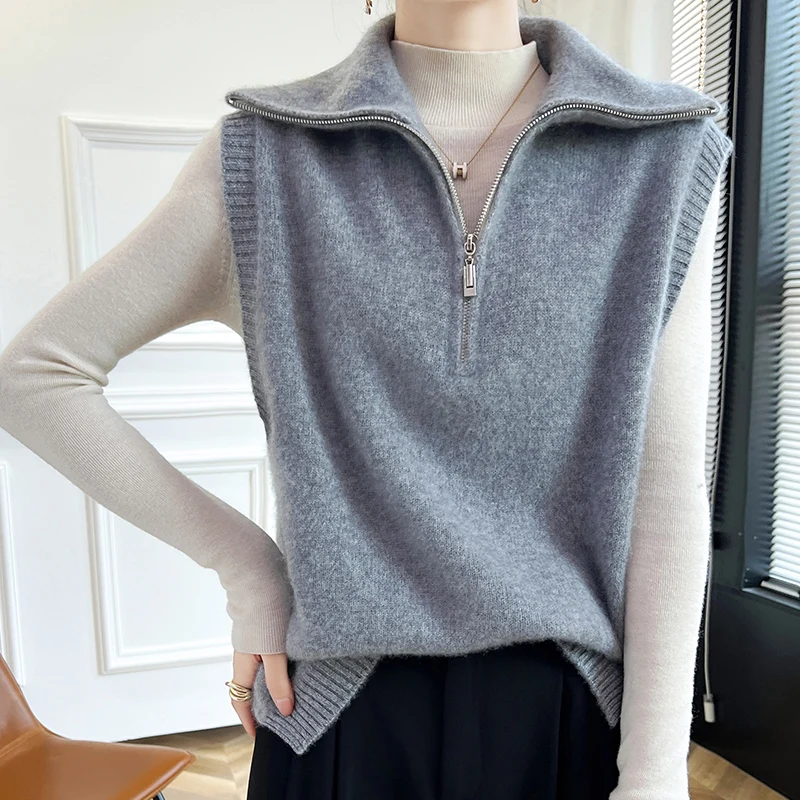 New autumn and winter 100% merino wool vest women's lapel knit vest sweater fashion loose pullover sleeveless top.