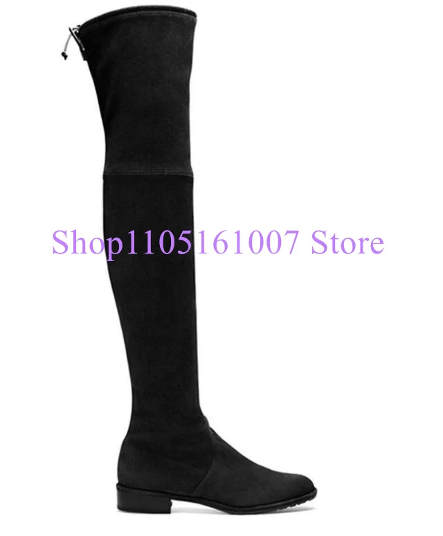 

Черные замшевые женские длинные сапоги на плоской подошве с тонкими ногами, модные женские сапоги выше колена на резинке, женские повседневные модельные туфли большого размера