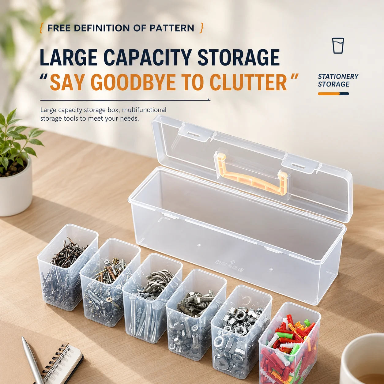 Portable Multi Compartment Hardware Organizer Box,6 Removable Small Bins for Screws Nuts Bolts DIY Hardware Small Accessories