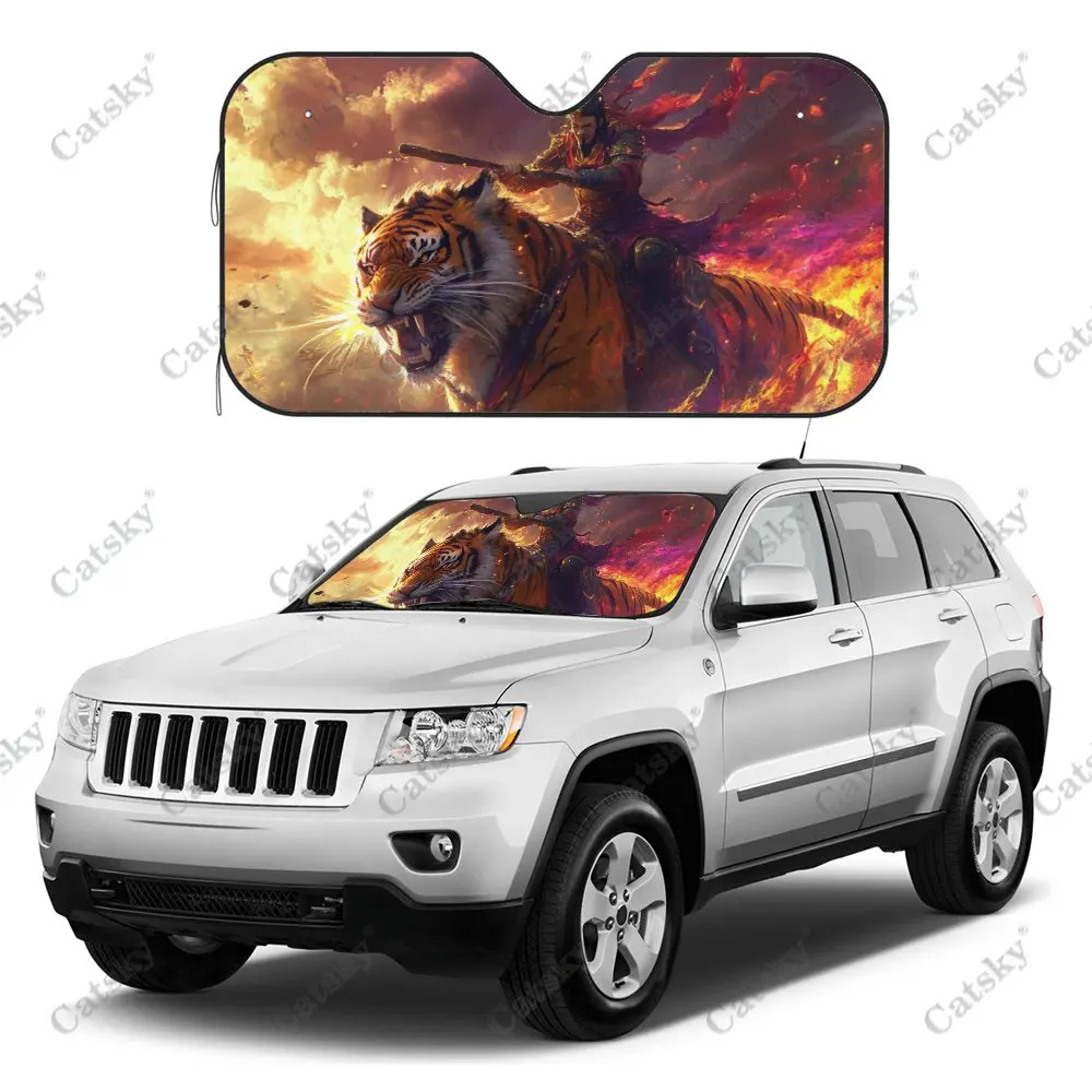 Wukong Rides Flame Tiger Car Windshield Sunshade, Auto Accessories Front Windshield Sun Shade Blocks Uv Rays Sun Visor Protector