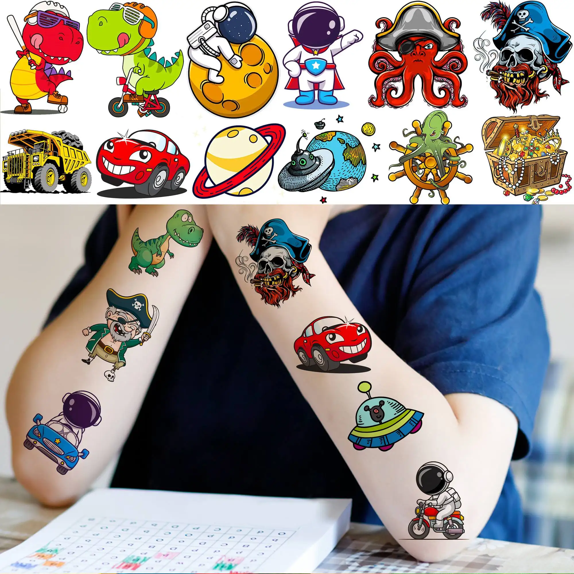 Tatuajes temporales de dibujos animados 3D para niños y adultos, tatuajes falsos para fiesta, dinosaurio, Pirata espacial, construcción, coche,