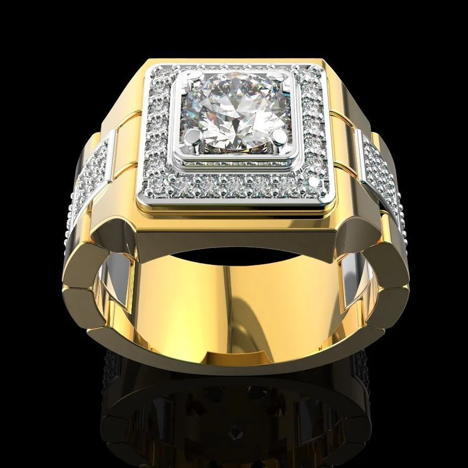 S925 Sterling Silver Ring New Simulation Mozzarella Diamond Watch Men's Ring Gold-Plated Two-Color Engagement Ring