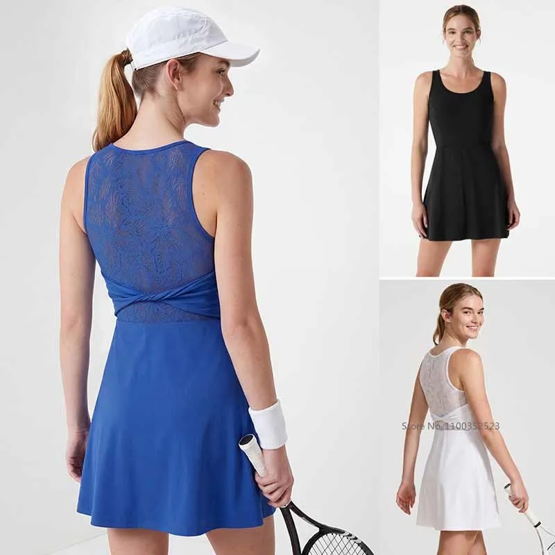 Summer Women Workout Tennis Dress Hollow Lace Slim Yoga Tennis Dress with Short and Bra Ladies A-Lined Badminton Yoga Skirts