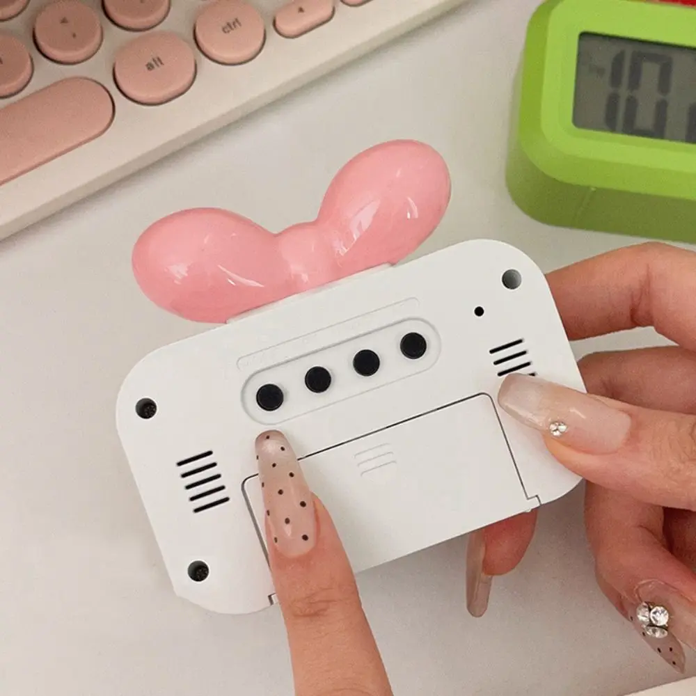 Cute Bowknot LED Digital Clock Temperature Detection Mini Alarm Clock Multifunctional Gift Desktop Clock Bedside Decoration