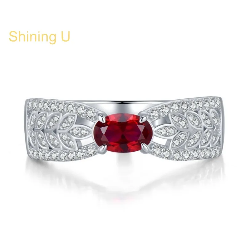 Shining U S925 Silver Simulated Ruby Gems Ring for Women Fine Jewelry Chrismas