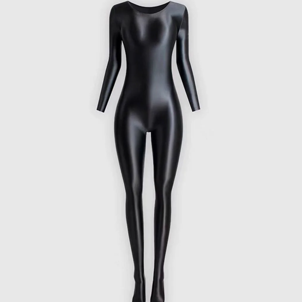 Oily Glossy Long Sleeve Elastic Women Jumpsuits Bodycon Rompers One-piece Swimsuit Silky Tights Satin Pantyhose Thong