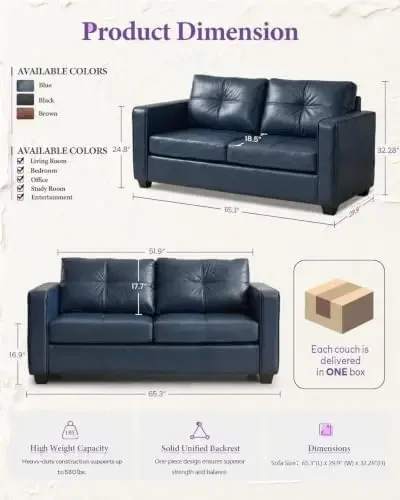 65'' Blue Faux Leather Loveseat with USB, 2-Seater Sofa | Mid-Century Modern, Tufted Design, Wide Arms, Comfy Seating