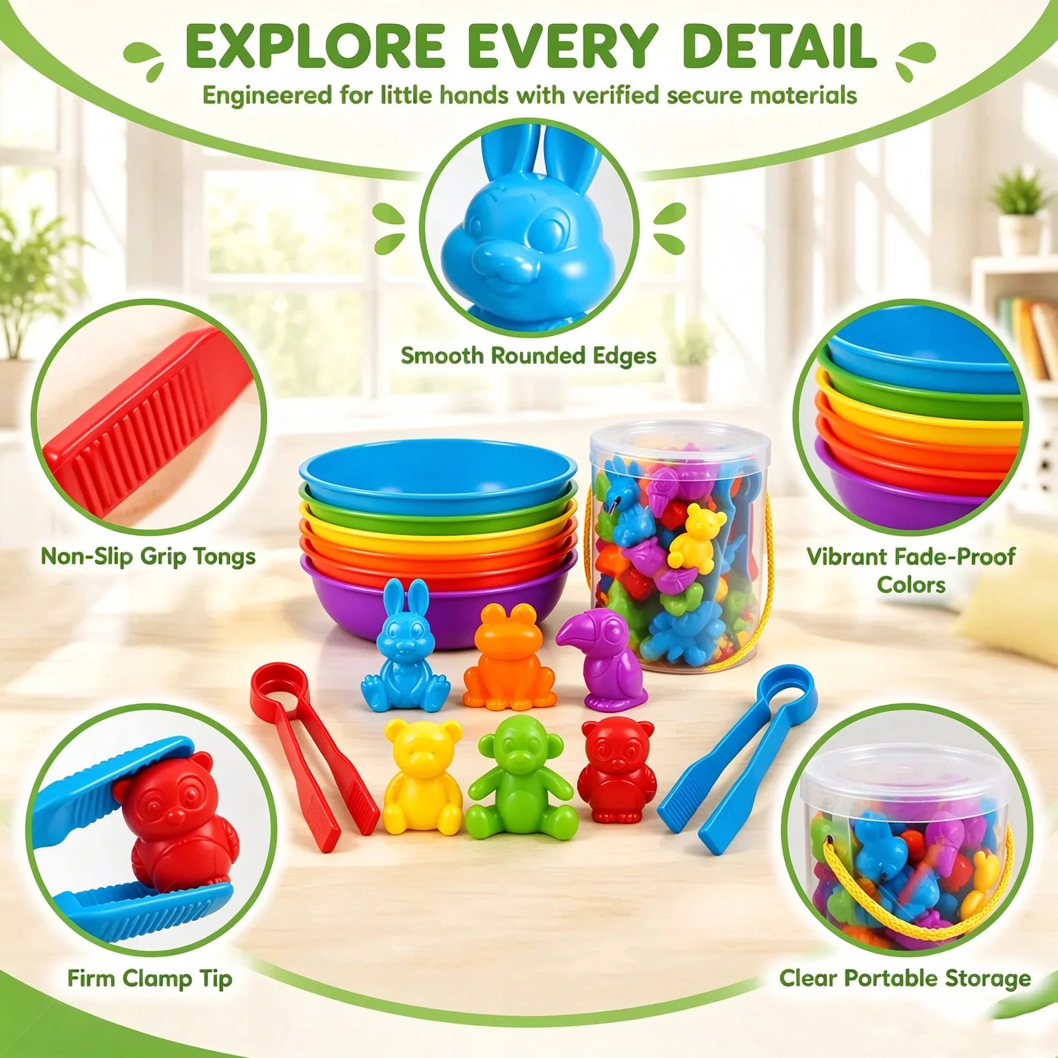 Counting Bears Color Sorting Toy with Tweezers and Sorting Bowls, Montessori Fine Motor Skills Educational Toys for Toddlers 3+,