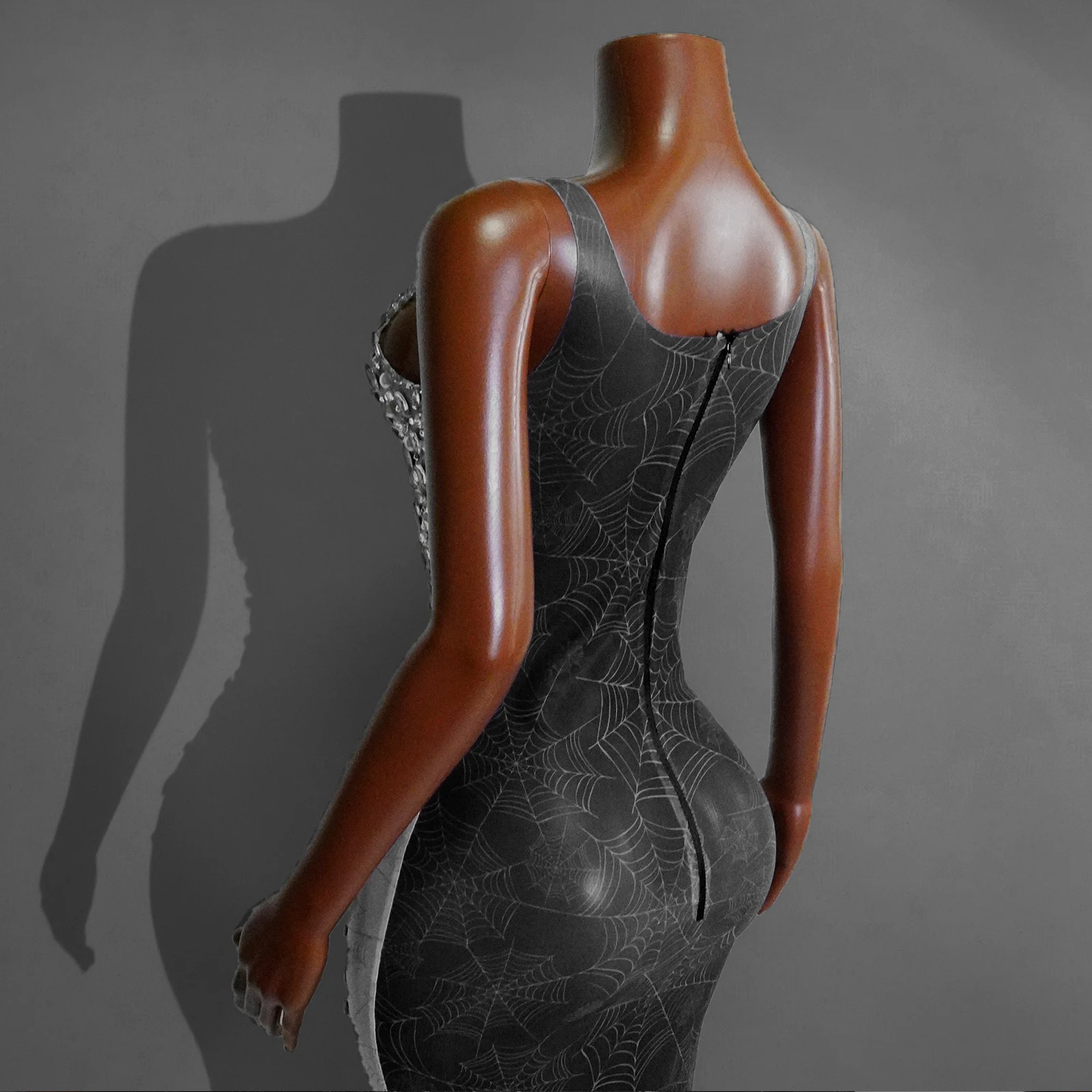 Robe longue en toile d'araignée noire imprimée cristal brillant, Costume d'événement en maille pour femmes, vêtements de scène Drag Queen, fête, boîte de nuit, GOGO bal