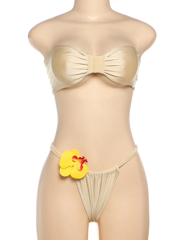 

Cutenew Classic Women Bikini Sets 2 Piece Hipster Summer Strapless Elastic Tanks+Shirring Underpants Female Matching Swim Suits