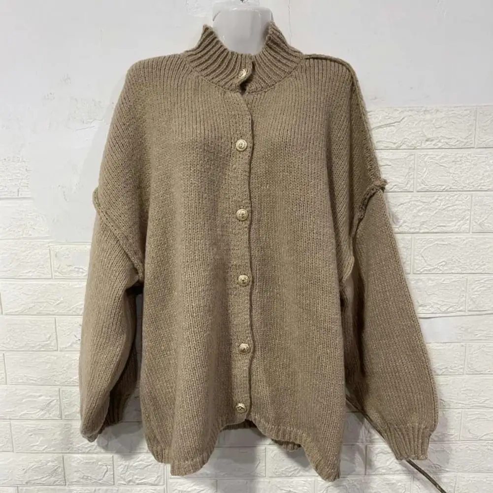 

Dropped Shoulder Cardigan Oversized Women's Sweater Coat Round Neck Knitwear with Lantern Sleeves Casual Loose Fit for Fall