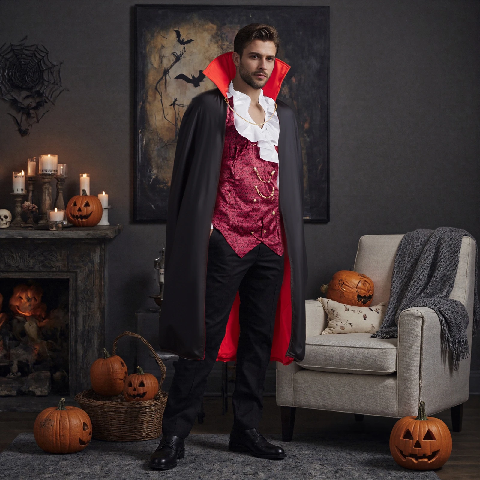 Disfraces de vampiro para hombre, camisas de manga larga con chalecos adjuntos y conjunto de capa para trajes de fiesta de disfraces de Halloween