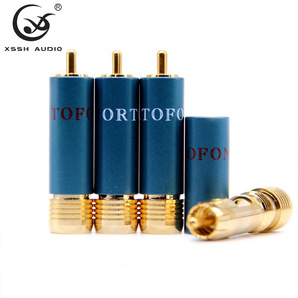 RCA Connector XSSH HIFI Blue Shell Brass 24K Gold Plated 11mm Max Audio Cable Weldless Self-locking Male Lotus Signal Jack Plug