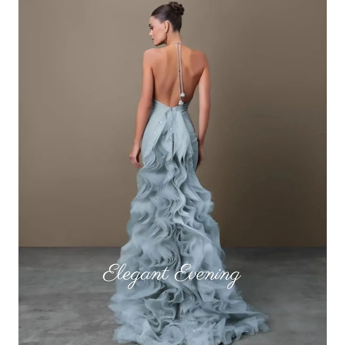 

Sky Blue Evening Dresses Ankle-Length Arabia Sleevesless Customized Formal Party Gowns Halter Women Sequins Beadings Prom Dress