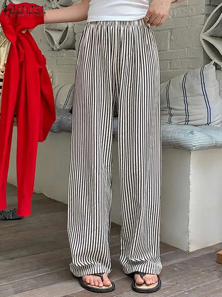 ZANZEA 2024 Korean Stripes Straight Pants Women Fashion High Waist Wide Leg Trousers Summer Casual Elastic Waist Loose Pantalon