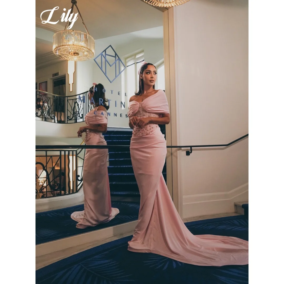 Lily Pink Mermaid Prom Dress Draped Satin Off Shoulder Beaded Evening Dresses Elegant Satin Long Train Party Dress Customized