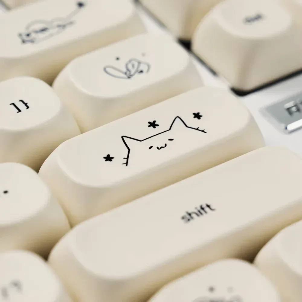 GEFENSI Happy Kitty Cat Keycap Set PBT Thermal Sublimation 124 Keys MOA Height Milk White Girls Mechanical Keyboard Keycaps