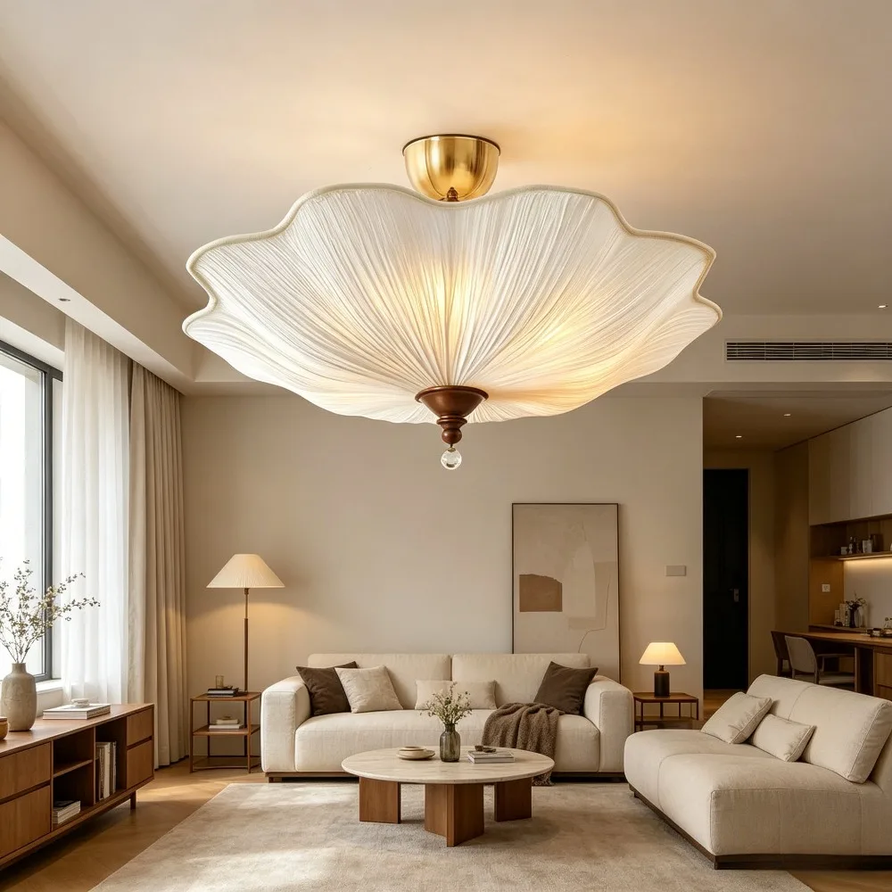 French Retro Lotus-leaf Shape White Fabric Ceiling Lights Living Room Bedroom Restaurant Tea House Eye Protection Hanging Lamps