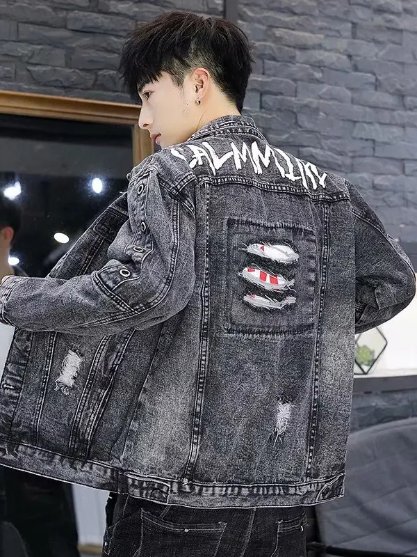 

Весенне-осеннее новое мужское повседневное модное джинсовое пальто Jaet в Корейском стиле для волос St Jaet с дырками, длинное пальто све