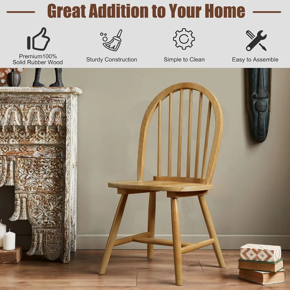 Set di 2 sedie da pranzo Windsor in legno massello, design con schienale alto, stile country vintage, barre trasversali a forma di H, Dini confortevole