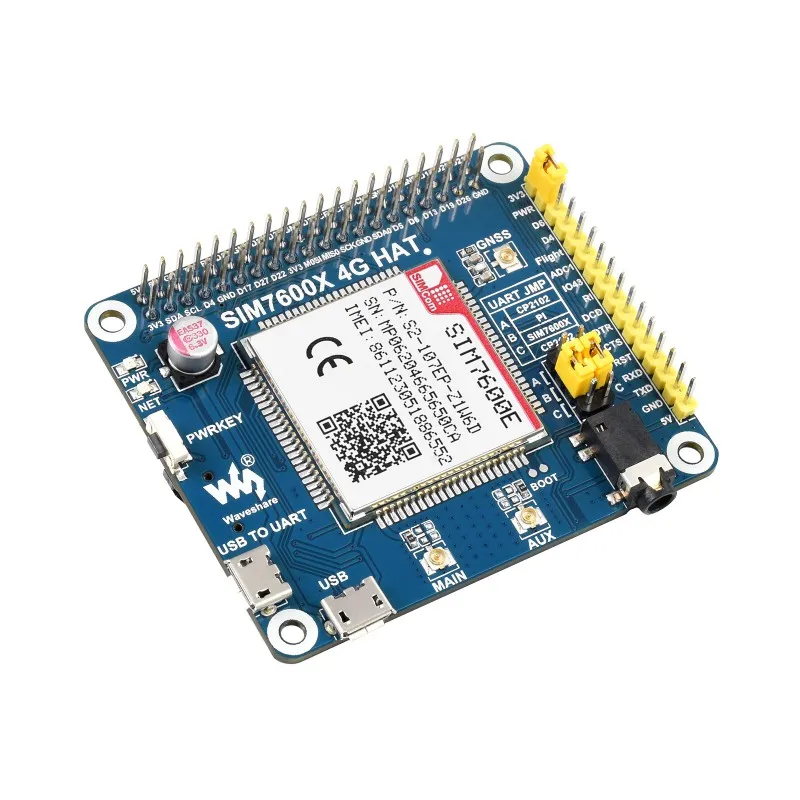 

SIM7600E LTE Cat-1 HAT for Raspberry Pi, Supports 3G / 2G / GNSS as well, for Southeast Asia, West Asia, Europe, Africa