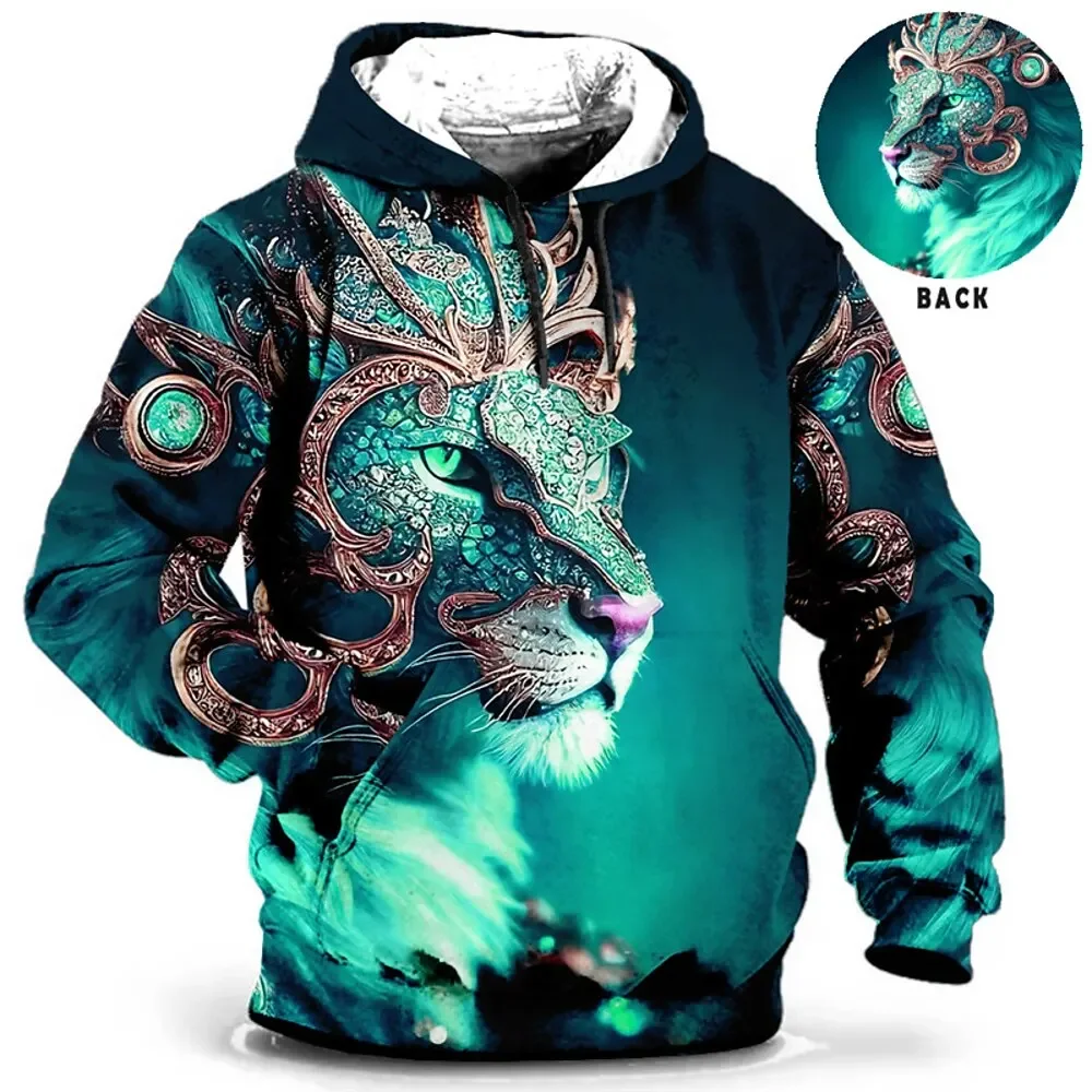 Sweatshirts For Men New Autumn Hooded Shirt 3d Animal Lion Print Y2k Clothing Casual Oversized Korean Reviews Many Clothes