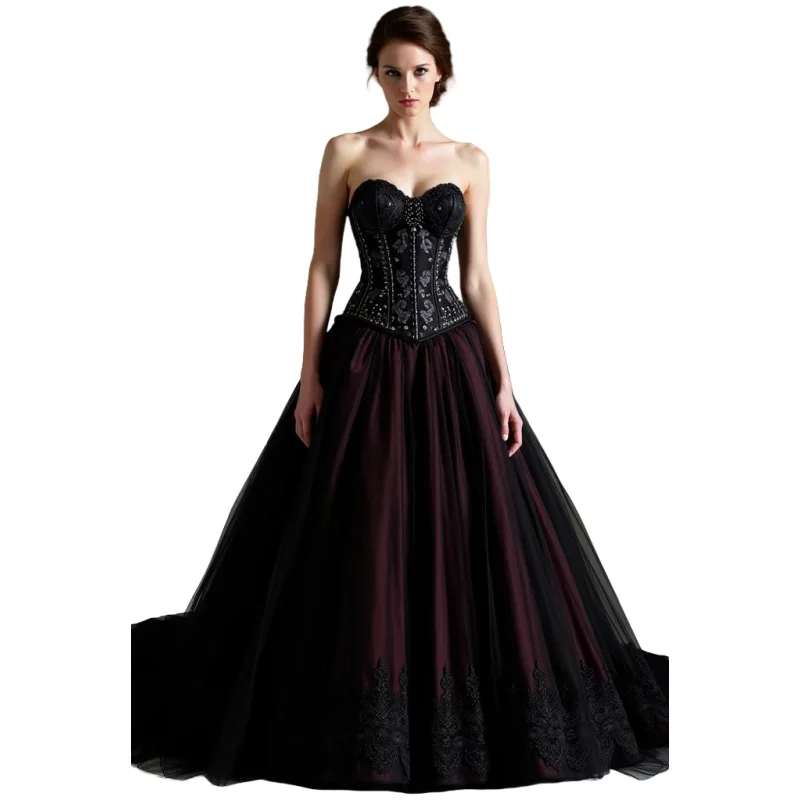 Vintage espartilho gótico vestido de casamento preto e borgonha a linha querida rendas apliques frisado longo vestido de noiva personalizado