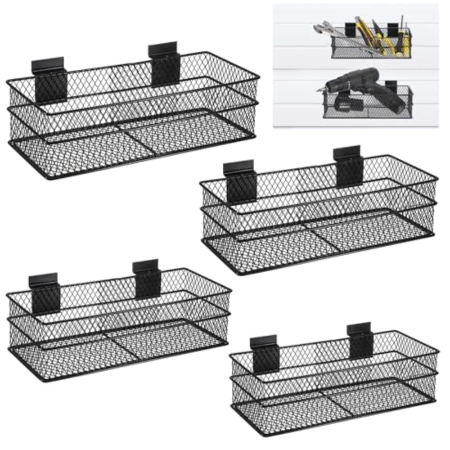 

Slatwall Basket Set of 4, Metal Ventilated Hanging Wire Baskets, Retail Display for Slatwall Panel Garage Storage and Organizat