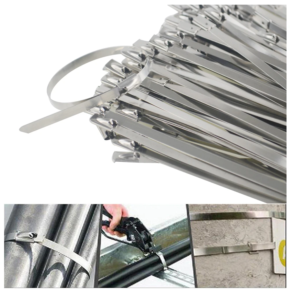 LZONE - 200mm x 12 " / 300mm x 12" cabezal de acero inoxidable envoltura de escape auto bloqueo Cable cierre correas 100 piezas JR-SLS02/03