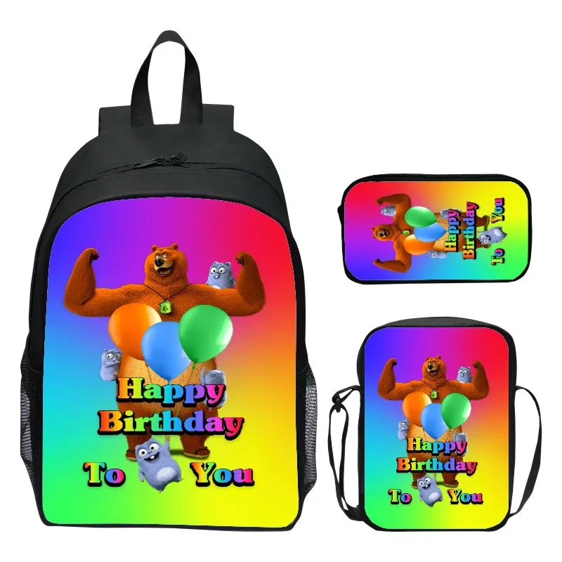 حقيبة ظهر للأطفال مقاس 16 بوصة مكونة من 3 قطع من Grizzy Bear حقيبة ظهر للمدرسة الابتدائية حقيبة كتف مقلمة