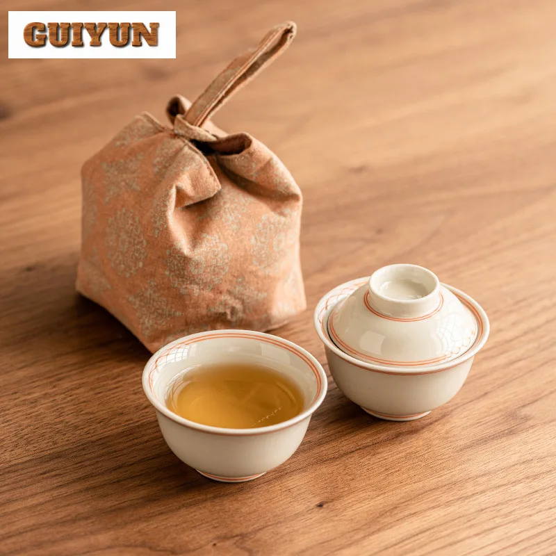 Hand Drawn Double Line Covered Bowl Small Tea Cup One Person Set Portable Outdoor Travel Bag Chinese Tea Brewing Teaware Kit