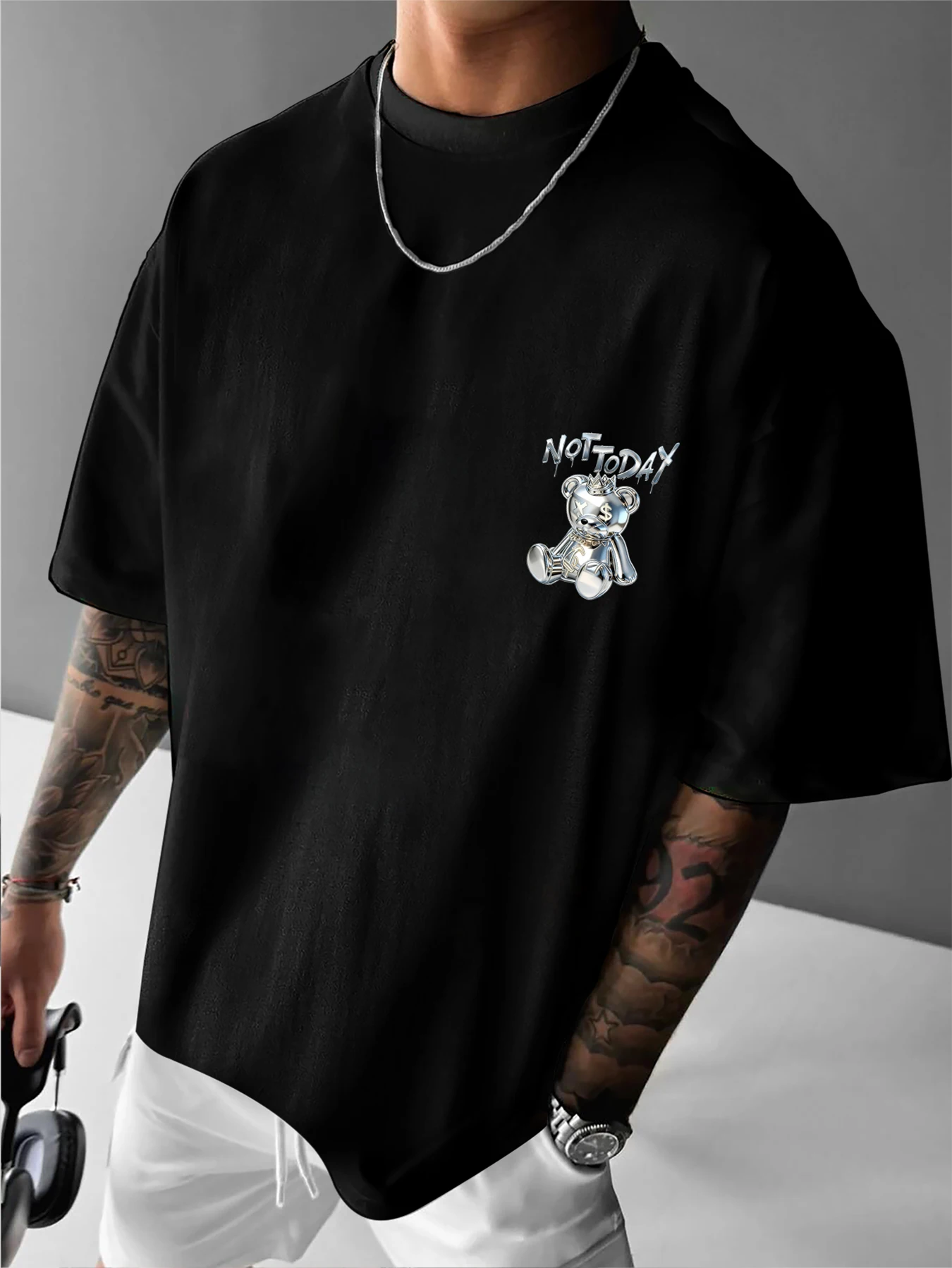 Men's Y2K Oversized T-Shirt, Metallic Chrome Teddy Bear Dollar Eye Graffiti Back Print, Polyester, Casual Outdoor, S-XXL
