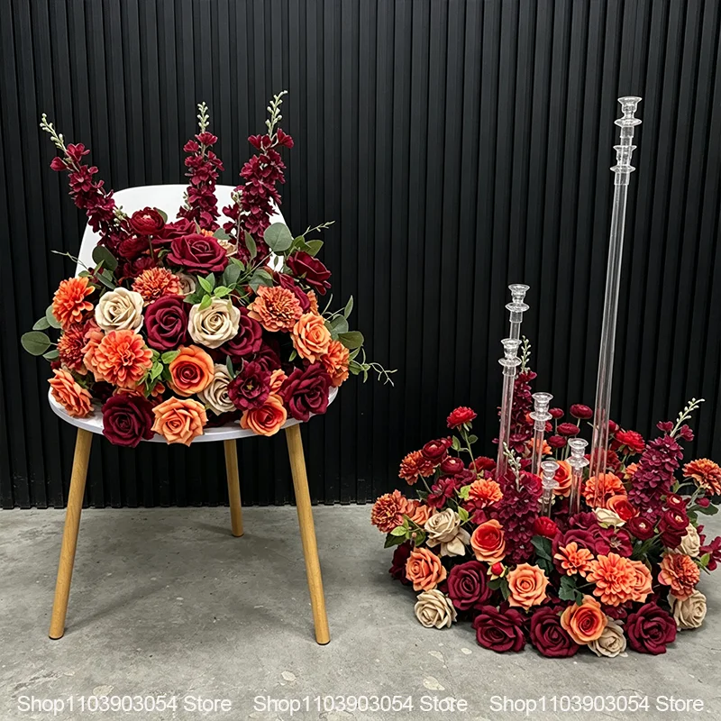 Burgunderrot-Orangefarbenes Künstliches Blumenarrangement Hochzeitstisch-Mittelstück Rose Delphinium Blumenbodenstrauß Party Zeremonie Dekoration – Detail 7