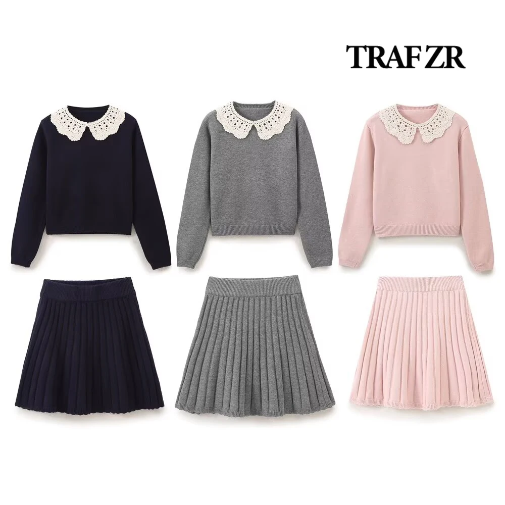 

TRAF ZR Sweet Peter Pan Collar 2 Piece Dress Sets O-NECK Skirt Sets Women Comboset Knitted Long Sleeve Top + Pleated Mini Skirt