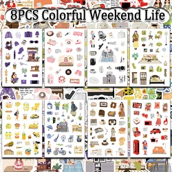 8PCS Korean Colorful Weekend Life Daily Graffiti Stickers Fun Lazy Literary Style Decoration Scrapbook Phone Case Cup Laptop