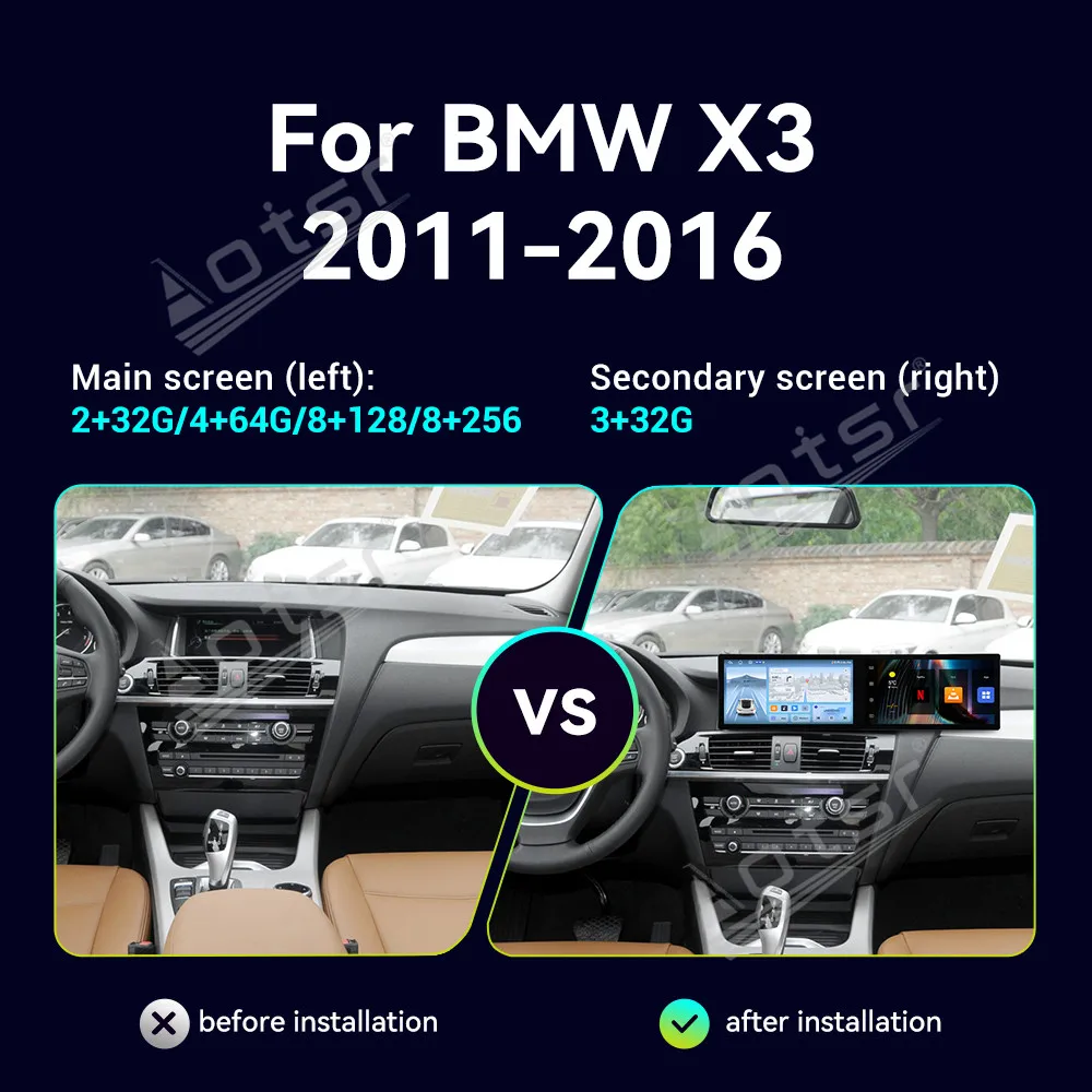 

Автомобильный радиоприемник Android 14 с двойным экраном для BMW X3 2011-2016, GPS-навигация, мультимедийный видеоплеер, стерео Carplay, головное устройство WIFI 4G BT